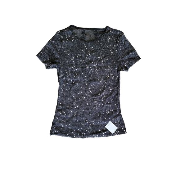 NWT Mangopop Black Sheer Mesh Shimmer Silver Star Metallic Fitted Shirt Size XL - Picture 1 of 5